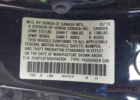 2016 Honda Civic Lx z USA, uszkodzony, nr VIN 2HGFC2F50GH542304